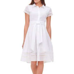 White Embroidered Belted Cotton Shirtdress